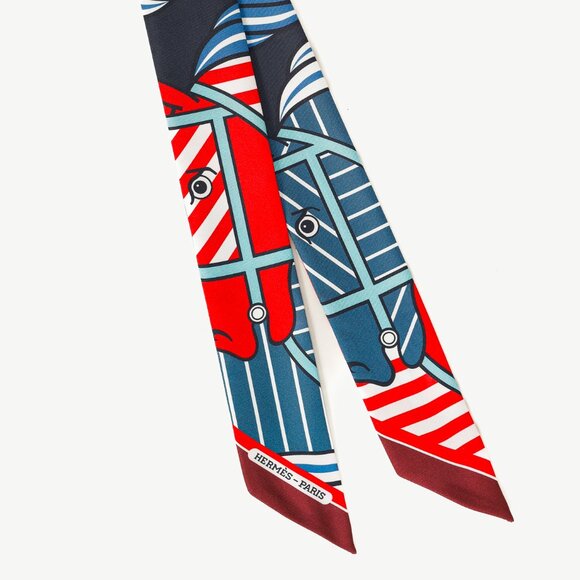 Hermes Silk Quadridge Rouge Bleu Blanc Horse Stripes Silk Twilly - Picture 2 of 6